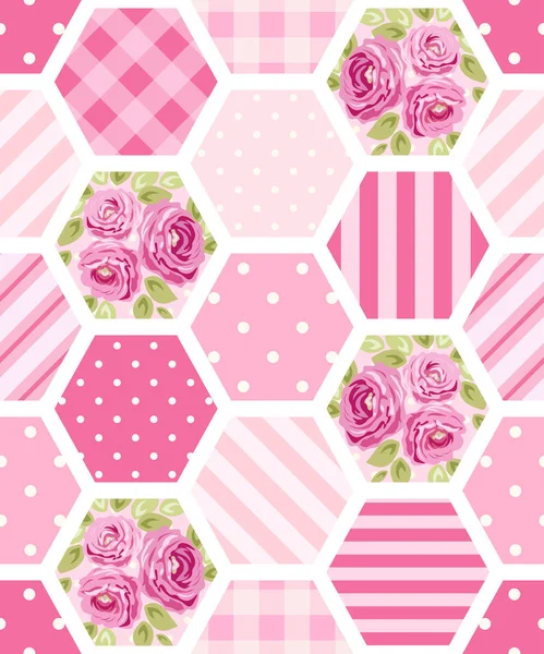 Pink pattern in form of hexagons with flowers — Stock Vector