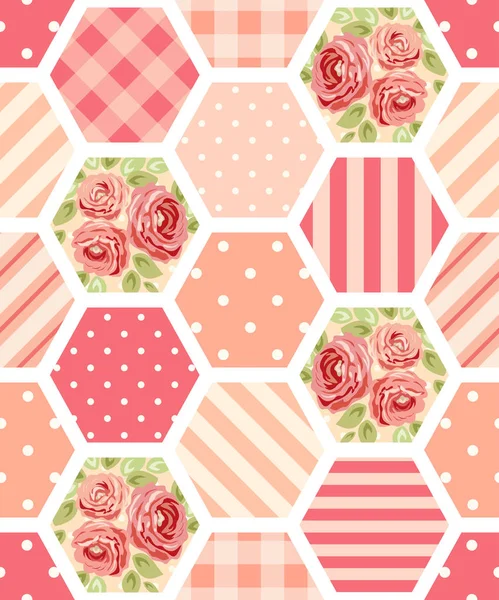 Red pattern in form of hexagons with flowers — Stock Vector