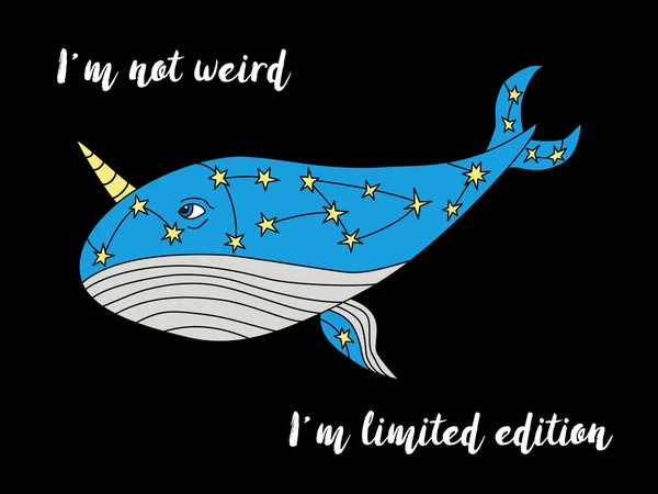 Baleine mignonne avec corne et étoiles — Image vectorielle