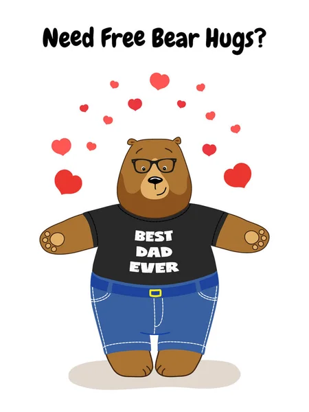 Carino Fathers Day card con papà orso abbracci gratuiti — Vettoriale Stock