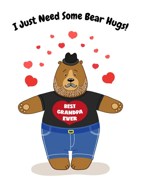 Cartão de Dia dos Pais Bonitos com Avô Urso à espera de abraços — Vetor de Stock