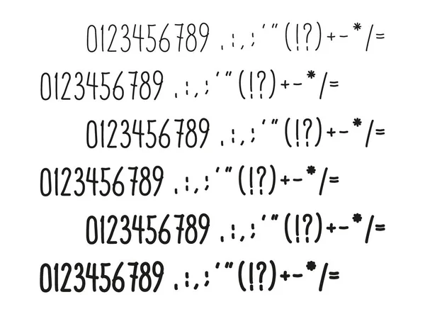 Alfabe sembolleri ince sayılar ve noktalama işaretleri olarak şirin el çekilmiş — Stok Vektör