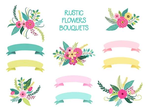Carino elementi vintage come rustico disegnato a mano primi mazzi di fiori primaverili — Vettoriale Stock