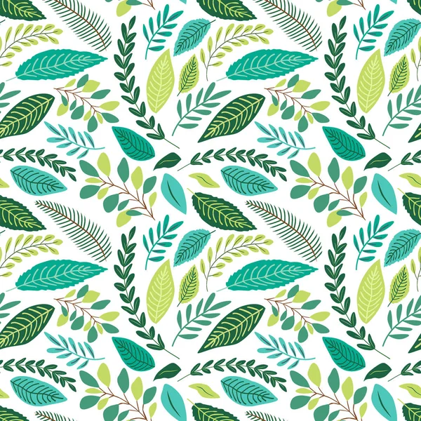 Mignon motif botanique sans couture avec des feuilles vertes dessinées à la main — Image vectorielle