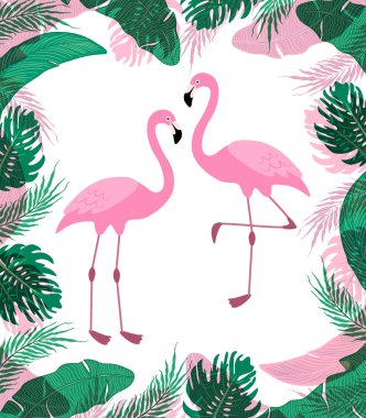 İki pembe flamingolar, çizgi film karakterleri ile şirin egzotik tropik arka plan