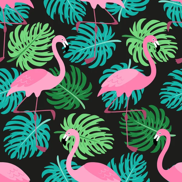 Симпатичный экзотический тропический бесшовный фон с мультяшными персонажами розовых фламинго — стоковый вектор