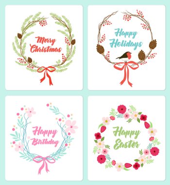 Şirin el çekilmiş vintage çiçek rustik kümesi, dekorasyon için çelenk