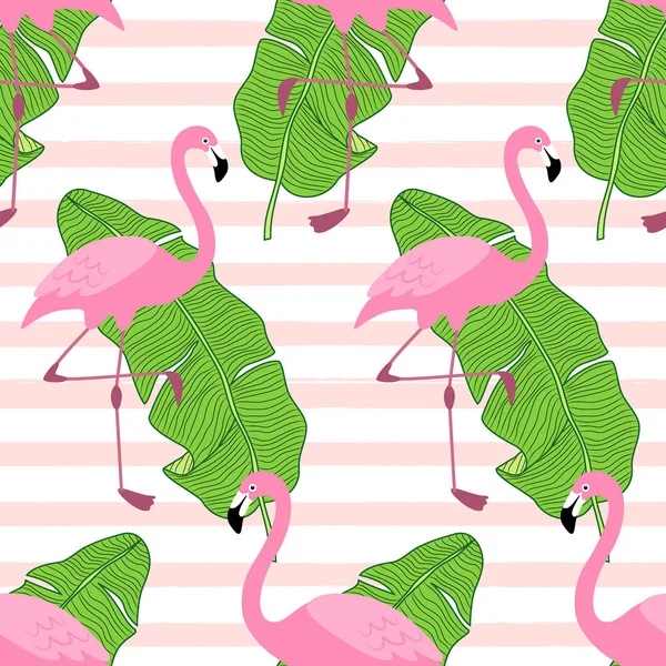 Bonito exótico tropical sem costura fundo com personagens de desenhos animados de flamingos rosa —  Vetores de Stock
