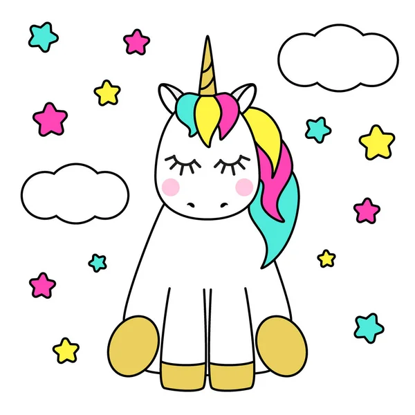 Mignon personnage de dessin animé enfantin comme licorne magique cheveux arc-en-ciel — Image vectorielle