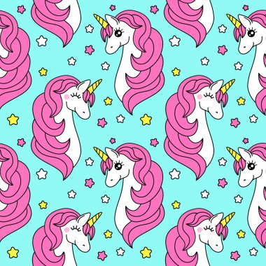 Sihirli unicorn çizgi film karakteri olan şirin çocukça seamless modeli