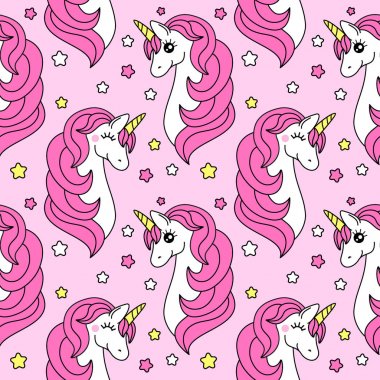 Sihirli unicorn çizgi film karakteri olan şirin çocukça seamless modeli