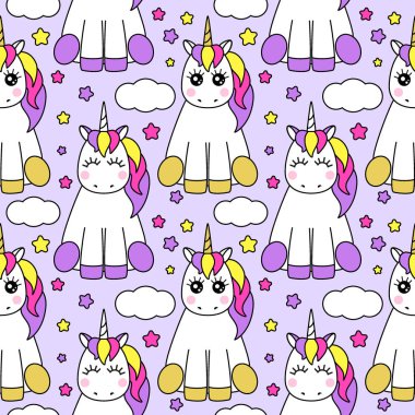 Sihirli unicorn çizgi film karakteri olan şirin çocukça seamless modeli
