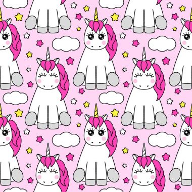 Sihirli unicorn çizgi film karakteri olan şirin çocukça seamless modeli