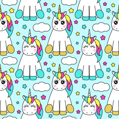 Sihirli unicorn çizgi film karakteri olan şirin çocukça seamless modeli
