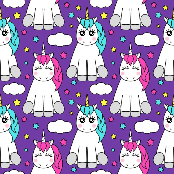 Cute childish seamless pattern with cartoon character of magic unicorn — Stock Vector