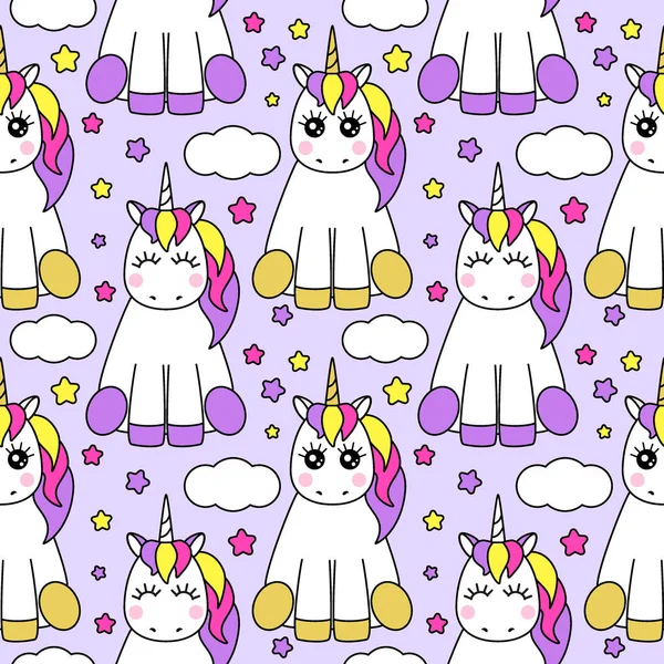 Lindo patrón infantil sin costuras con personaje de dibujos animados de unicornio mágico — Vector de stock