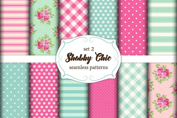 Set van 12 schattige naadloze Shabby Chic patronen met rozen, polka dots. strepen en plaid — Stockvector