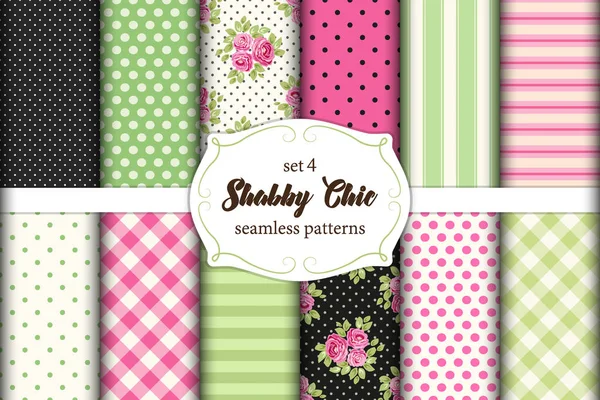 Set van 12 schattige naadloze Shabby Chic patronen met rozen, polka dots. strepen en plaid — Stockvector