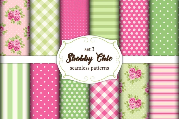 Set van 12 schattige naadloze Shabby Chic patronen met rozen, polka dots. strepen en plaid — Stockvector