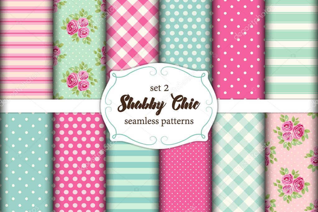 Set of 12 cute seamless Shabby Chic patterns with roses, polka dots. stripes and plaid