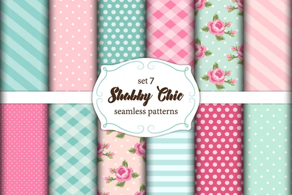 Set de 12 lindos patrones Shabby Chic sin costuras con rosas, lunares. rayas y cuadros — Vector de stock