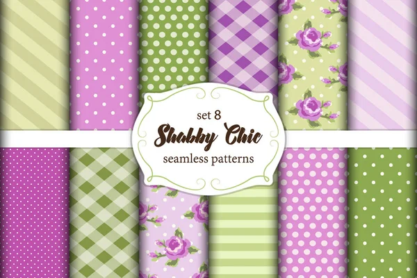 Set van 12 schattige naadloze Shabby Chic patronen met rozen, polka dots. strepen en plaid — Stockvector