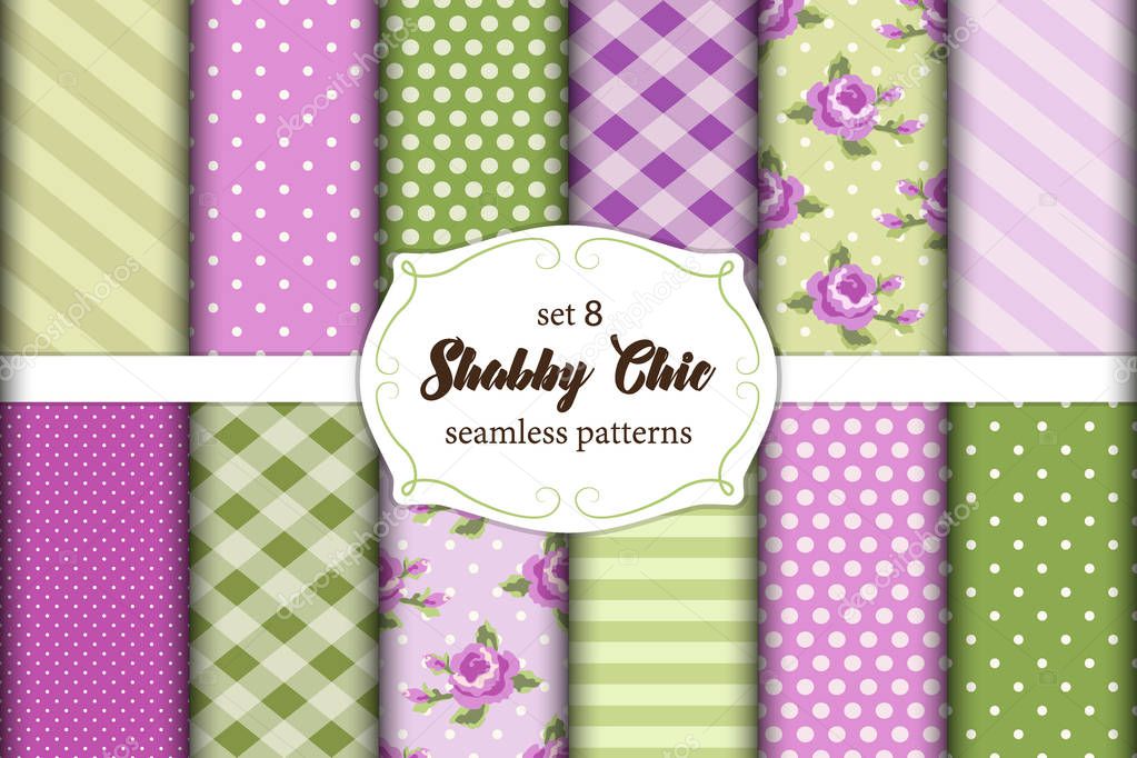 Set of 12 cute seamless Shabby Chic patterns with roses, polka dots. stripes and plaid