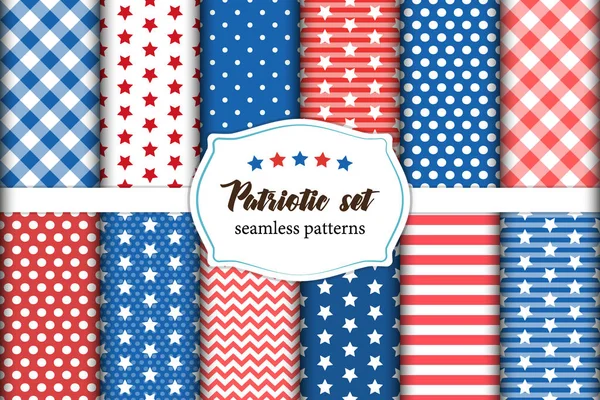 Set drăguț de modele geometrice patriotice americane roșu, alb și albastru fără sudură cu stele . — Vector de stoc