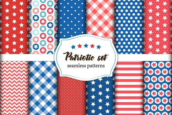 Mignon ensemble de motifs patriotiques américains sans couture géométriques rouge, blanc et bleu avec des étoiles . — Image vectorielle