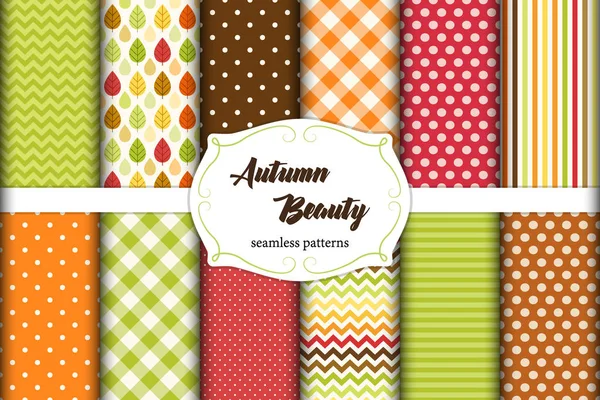 Set of 12 cute seamless Autumn Beauty patterns with leaves, polka dots. stripes, chevron and plaid — Stock Vector