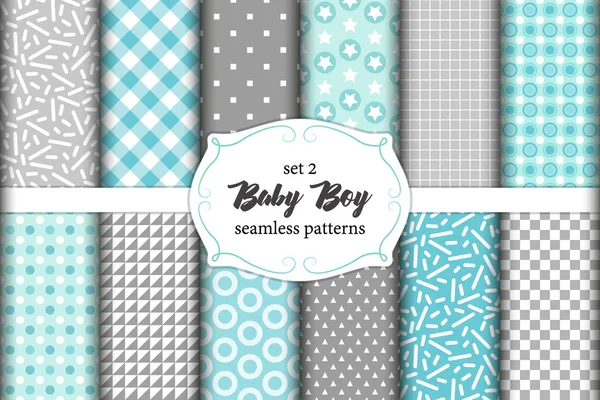 Lindo conjunto de patrones sin costuras escandinavos Baby Boy con texturas de tela — Vector de stock
