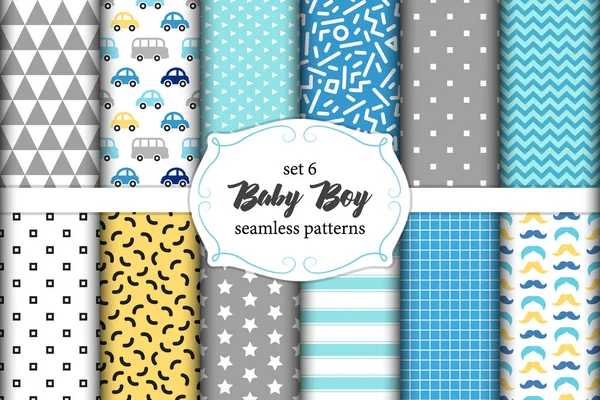 Leuke set van Scandinavische Baby Boy naadloze patronen met stof texturen — Stockvector