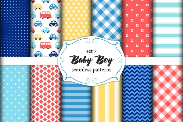 Lindo conjunto de patrones sin costuras escandinavos Baby Boy con texturas de tela — Vector de stock