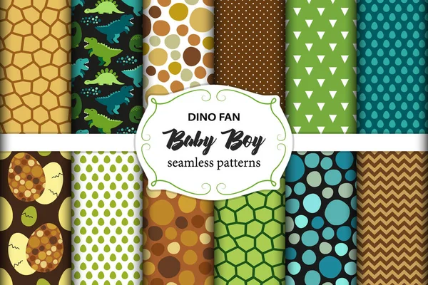 Cute set of childish seamless patterns with dinosaurs ideal for fabrics, wallpaper and different surfaces — Stock Vector