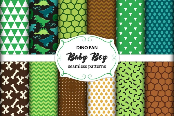Cute set of childish seamless patterns with dinosaurs ideal for fabrics, wallpaper and different surfaces — Stock Vector