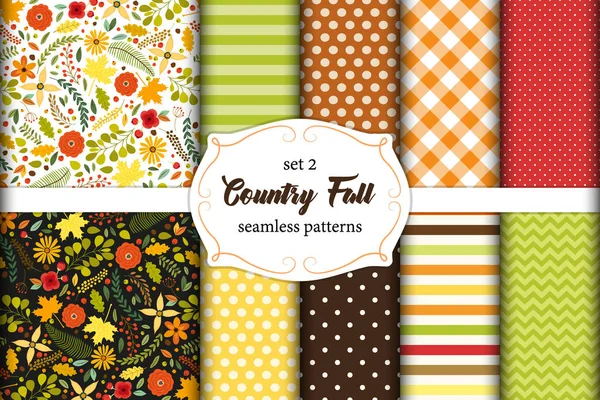 Set di 10 simpatici modelli Country Fall senza cuciture con fiori primitivi, pois, strisce, chevron e plaid — Vettoriale Stock