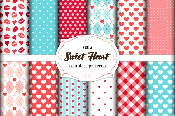 Conjunto bonito de escandinavo doce coração sem costura padrões com texturas de tecido — Vetor de Stock