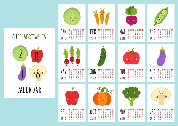 Χαριτωμένο 2018 σελίδες ημερολογίου με χαμογελαστά χαρακτήρες των λαχανικών και ρετρό χέρι γραπτή λεπτό γραμματοσειράς — Διανυσματικό Αρχείο