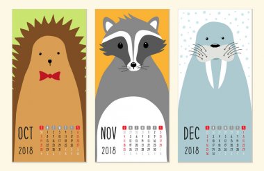 Cute 2018 takvim sayfaları komik karikatür hayvanlar karakterlerle