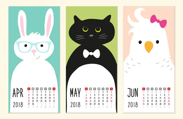 Bonito 2018 páginas de calendário com desenhos animados engraçados animais personagens —  Vetores de Stock