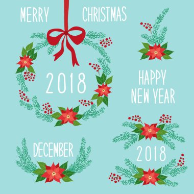 Şirin Vintage el çizilmiş Noel tatil çiçek çelenk koleksiyonu