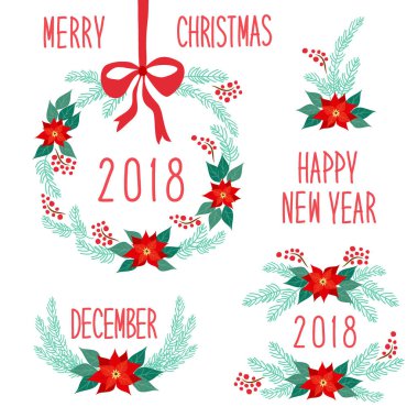 Şirin Vintage el çizilmiş Noel tatil çiçek çelenk koleksiyonu