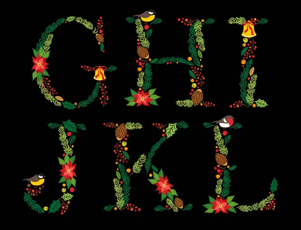 かわいいヴィンテージ手で素朴な花クリスマス アルファベットを描画 — ストックベクタ