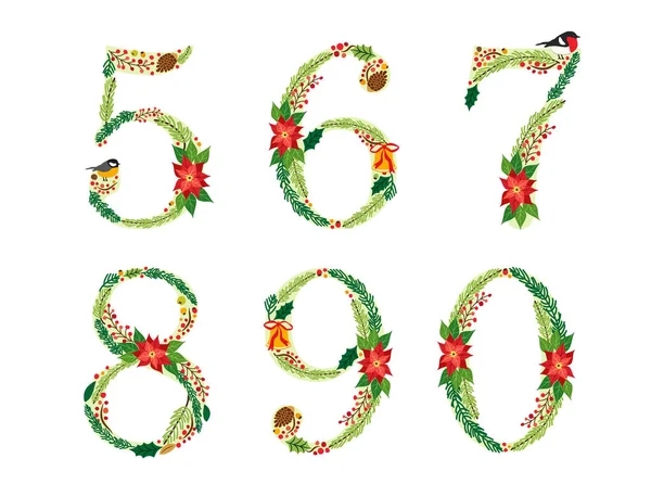 Grazioso vintage disegnato a mano rustico floreale alfabeto natalizio — Vettoriale Stock