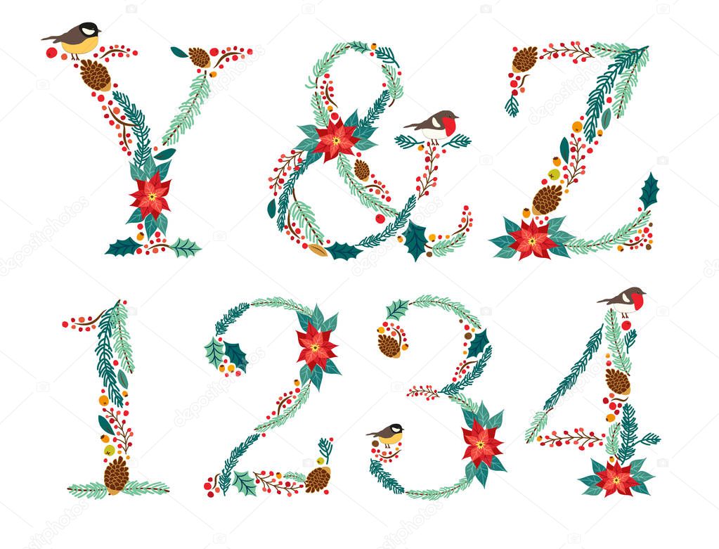 Cute vintage hand drawn rustic floral Christmas alphabet