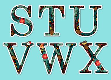 Rustik çiçek Noel alfabe şirin vintage el çekilmiş