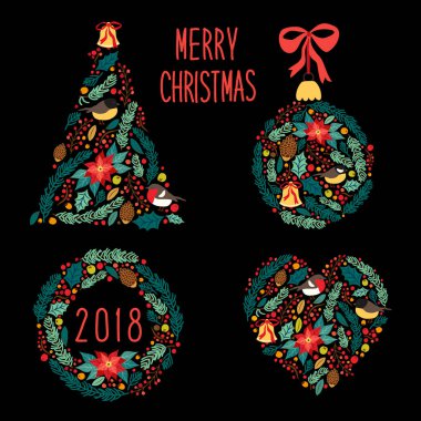 Şirin vintage el rustik çiçek Noel sembolleri çizilmiş