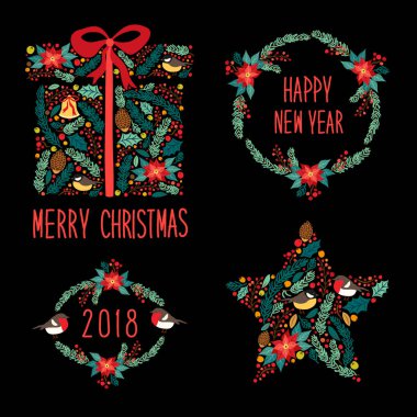 Şirin vintage el rustik çiçek Noel sembolleri çizilmiş