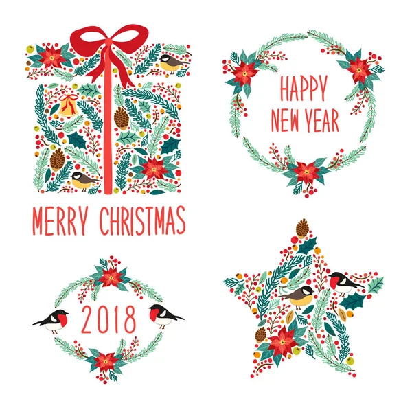 Lindo vintage dibujado a mano rústico floral símbolos de Navidad — Vector de stock