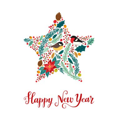 Rustik çiçek yeni yıl kartı şirin vintage el çekilmiş